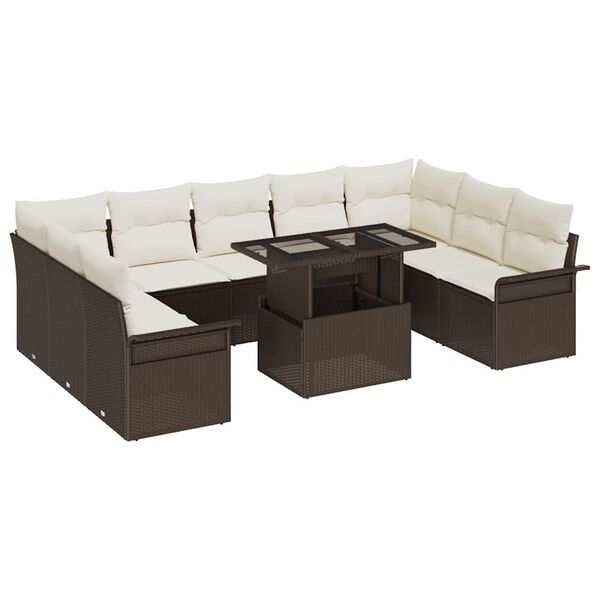 vidaXL Garten-Sofa-Set mit Kissen mit Kissen 10 pcs Braun Poly Rattan