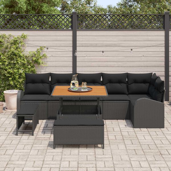 vidaXL Garten-Sofa-Set mit Kissen 9 pcs Schwarz Poly Rattan