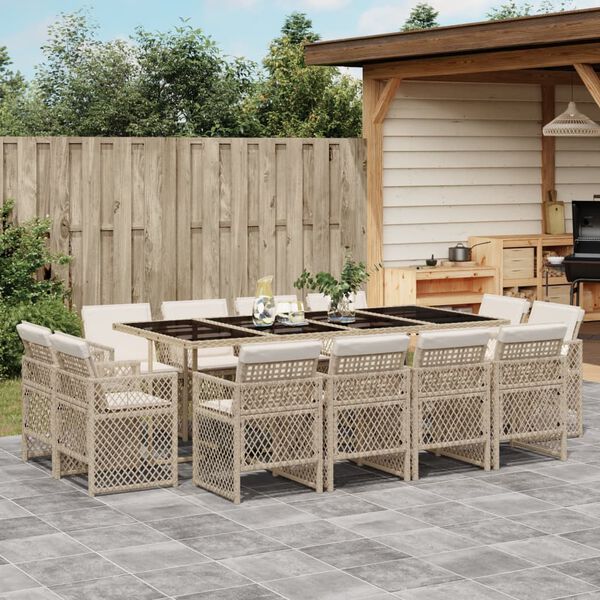 vidaXL 13-tlg. Garten-Essgruppe mit Kissen Beige Poly Rattan