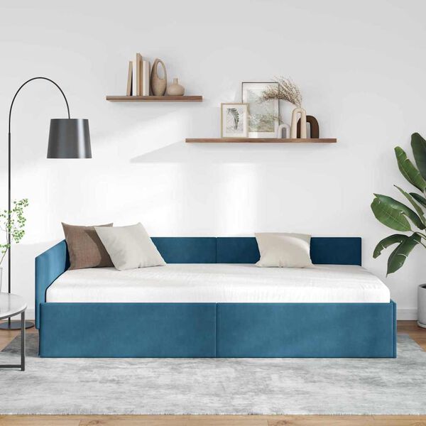 vidaXL Eckbettgestell Blau 90 cm x 190 cm SamtundSperrholz