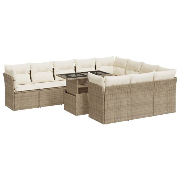 vidaXL 11-tlg. Garten-Sofagarnitur mit Kissen Beige Poly Rattan