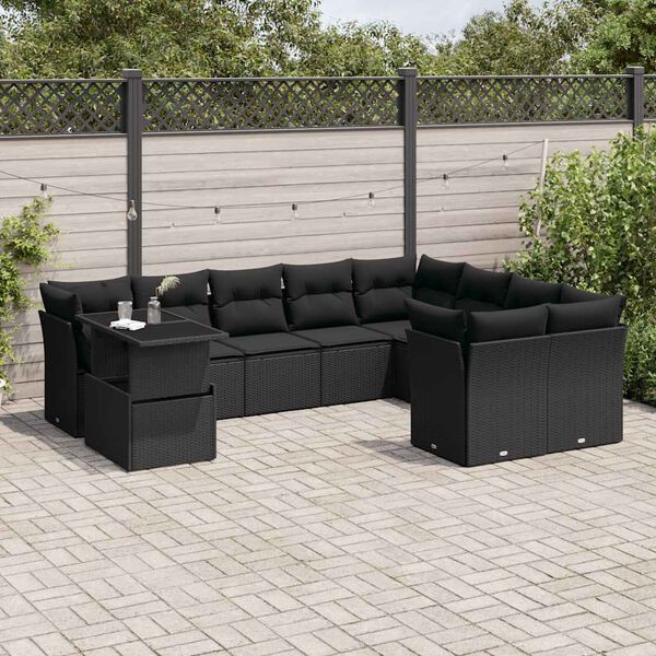 vidaXL 10-tlg. Garten-Sofagarnitur mit Kissen Schwarz Poly Rattan