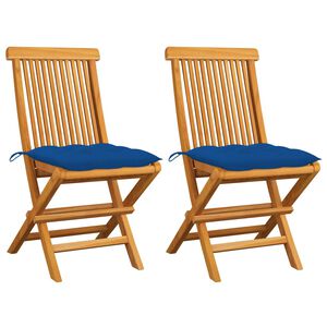 vidaXL Klappst&uuml;hle mit blauen Kissen, 2 St&uuml;ck, Massivholz Teakholz