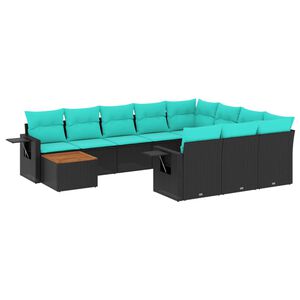 vidaXL 11-teiliges Gartensofa-Set mit Kissen, schwarzes Polyrattan
