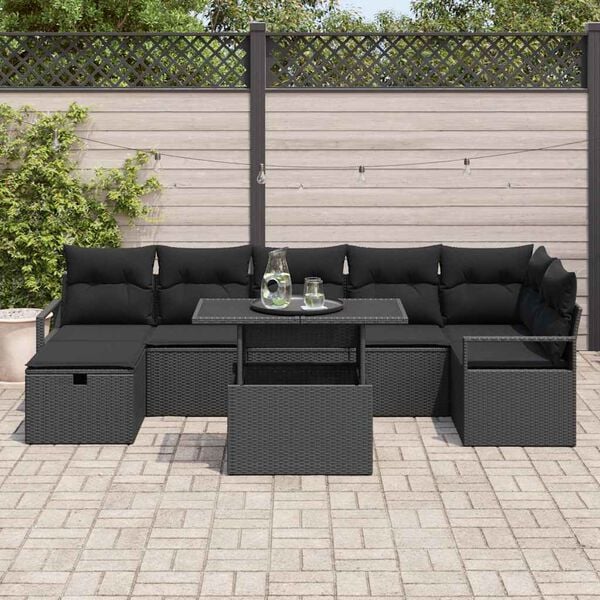 vidaXL Garten-Sofa-Set mit Kissen 8 pcs Schwarz Poly Rattan