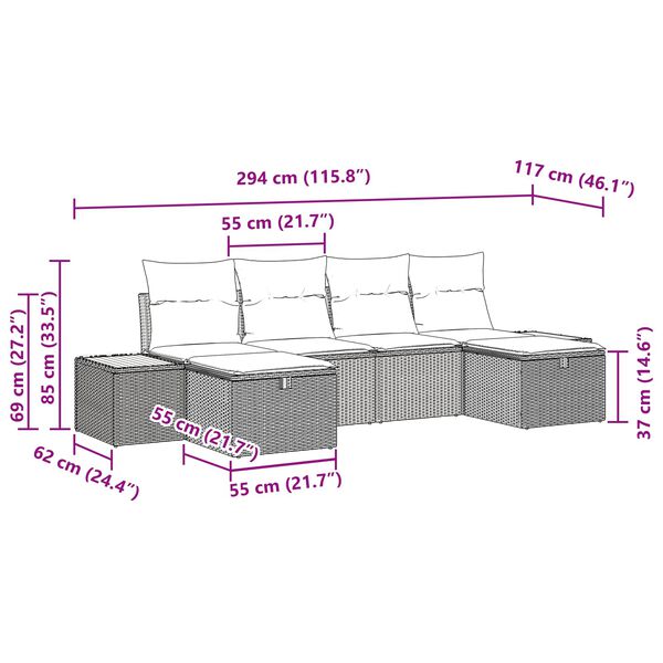 vidaXL Garten-Sofa-Set 6 pcs Schwarz 55 x 62 x 69 cm Poly Rattan