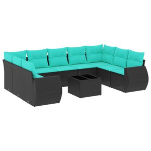vidaXL 10-teiliges Gartensofa-Set mit Kissen, schwarzes Polyrattan