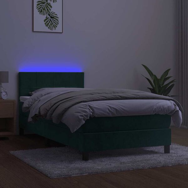 vidaXL Boxspringbett mit Matratze & LED Dunkelgr&uuml;n 90x190 cm Samt