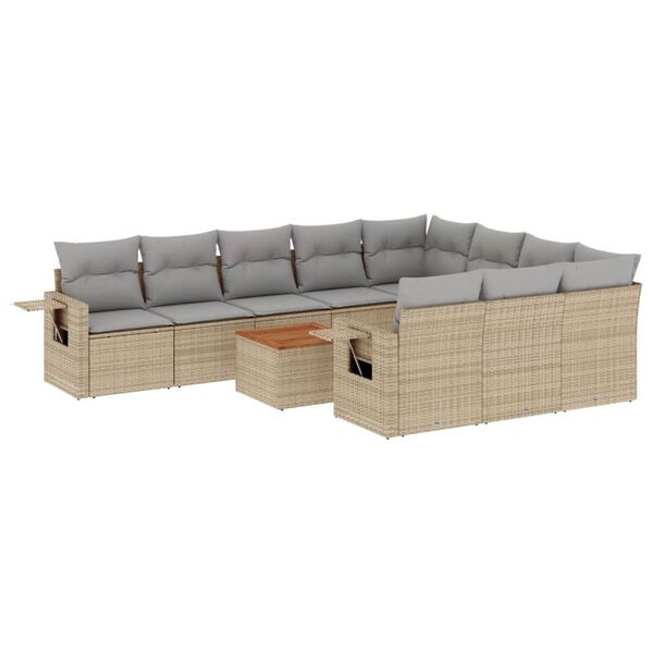 vidaXL 11-tlg. Garten-Sofagarnitur mit Kissen Beige Poly Rattan