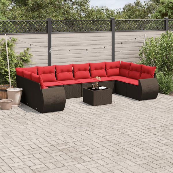 vidaXL 11-teiliges Gartensofa-Set mit Kissen, braun, Polyrattan