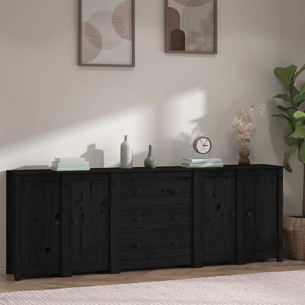 vidaXL Sideboard Schwarz 230x35x80 cm Massivholz Kiefer