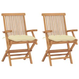 vidaXL Klappst&uuml;hle mit cremewei&szlig;en Kissen, 2 St&uuml;ck, Massivholz Teakholz