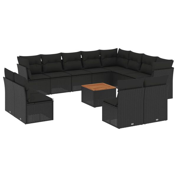 vidaXL 13-tlg. Garten-Sofagarnitur mit Kissen Schwarz Poly Rattan