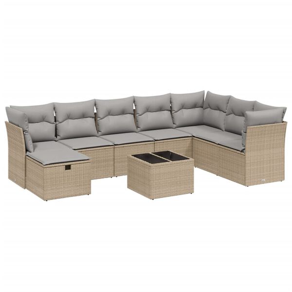 vidaXL 9-tlg. Garten-Sofagarnitur mit Kissen Beige Poly Rattan