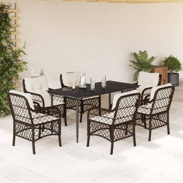 vidaXL 7-tlg. Garten-Essgruppe mit Kissen Braun Poly Rattan
