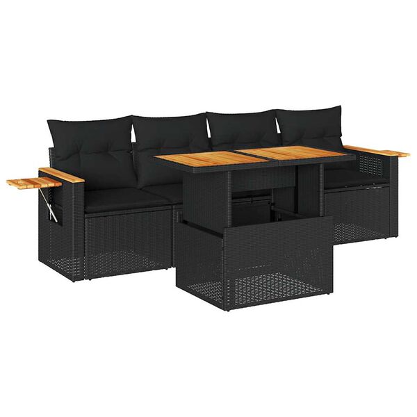 vidaXL 5tlg. Garten-Sofagarnitur mit Kissen Schwarz Poly Rattan Akazie