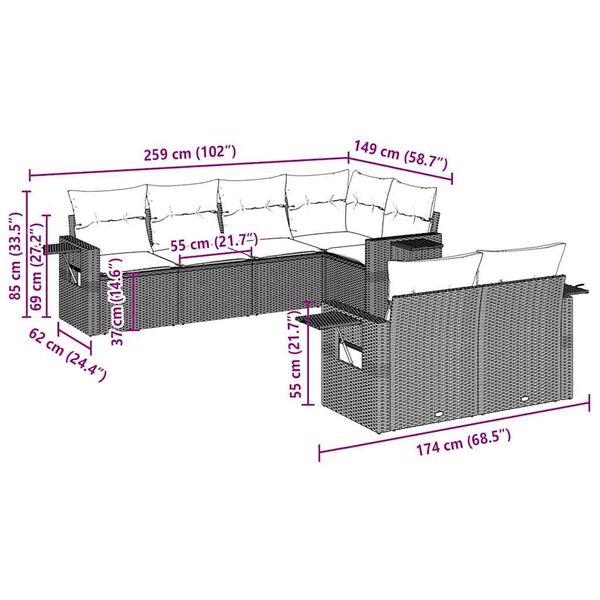 vidaXL 7-tlg. Garten-Sofagarnitur mit Kissen Hellgrau Poly Rattan