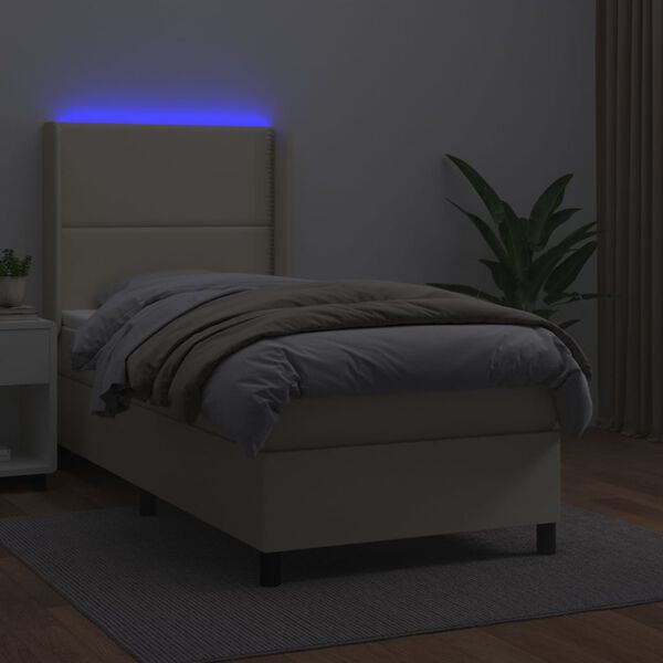 vidaXL Boxspringbett mit Matratze & LED Creme 90x190 cm Kunstleder