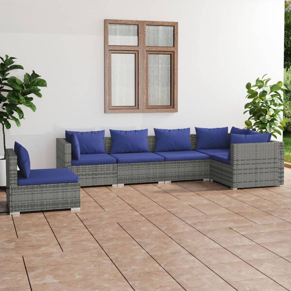 vidaXL 6-tlg. Garten-Lounge-Set mit Kissen Poly Rattan Grau