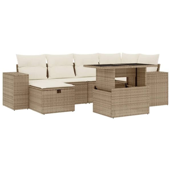 vidaXL 7-tlg. Garten-Sofagarnitur mit Kissen Beige Poly Rattan