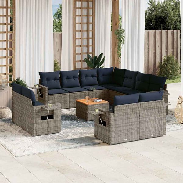 vidaXL 12-teiliges Gartensofa-Set mit Kissen, grau, Polyrattan