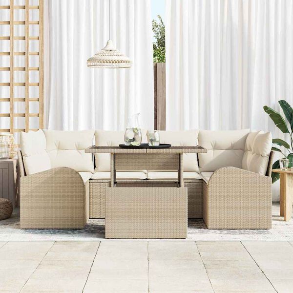 vidaXL Garten-Sofa-Set mit Kissen mit Speicher 7 pcs Beige Poly Rattan