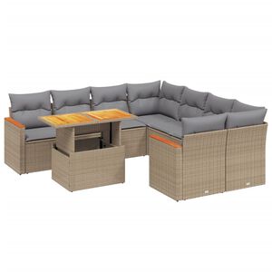 vidaXL 9-tlg. Garten-Sofagarnitur mit Kissen Beige Poly Rattan