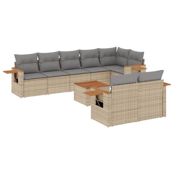 vidaXL 9-tlg. Garten-Sofagarnitur mit Kissen Beige Poly Rattan