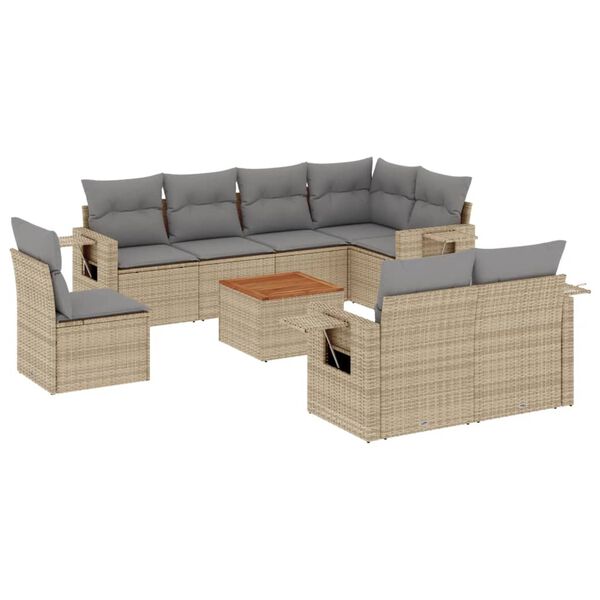 vidaXL 9-tlg. Garten-Sofagarnitur mit Kissen Beige Poly Rattan