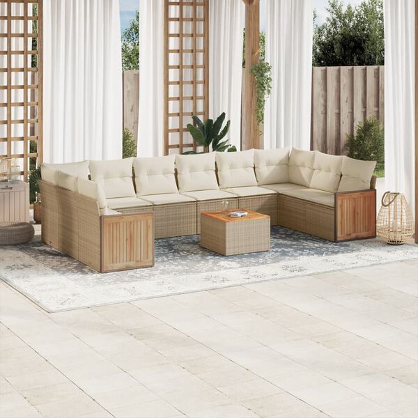 vidaXL 11-tlg. Garten-Sofagarnitur mit Kissen Beige Poly Rattan