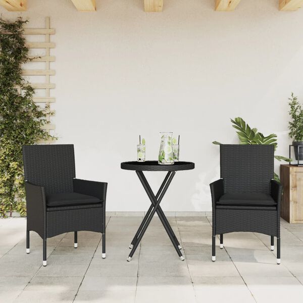 vidaXL 3-tlg. Bistro-Set mit Kissen Schwarz Poly Rattan und Glas