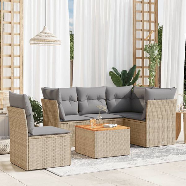 vidaXL 6-tlg. Garten-Sofagarnitur mit Kissen Beige Poly Rattan
