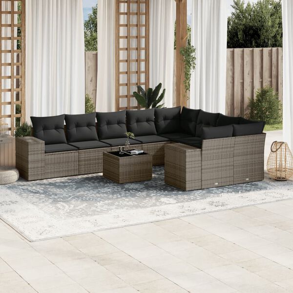 vidaXL 10-tlg. Garten-Sofagarnitur mit Kissen Grau Poly Rattan