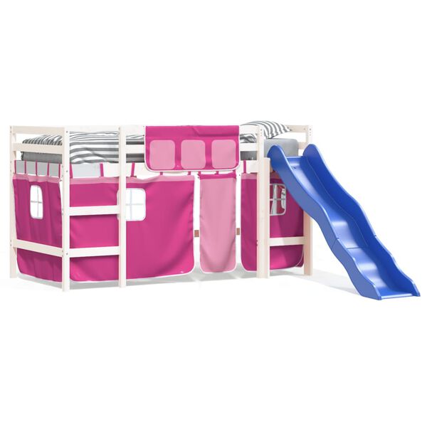 vidaXL Kinderhochbett mit Vorhängen Rosa 90x190 cm Massivholz Kiefer