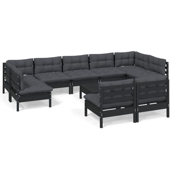 vidaXL 10-tlg. Garten-Lounge-Set mit Kissen Schwarz Massivholz Kiefer