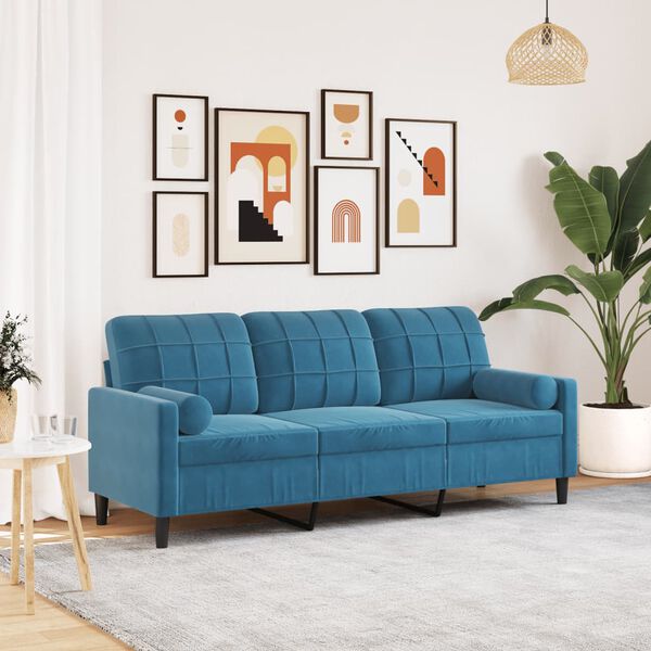 vidaXL 3-Sitzer-Sofa mit Zierkissen Blau 180 cm Samt