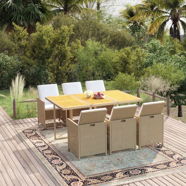 vidaXL 7-tlg. Garten-Essgruppe mit Kissen Poly Rattan Beige