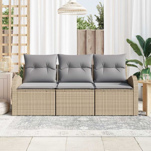 vidaXL Garten-Sofa-Set mit Kissen 3 pcs Beige und Hellgrau Poly Rattan