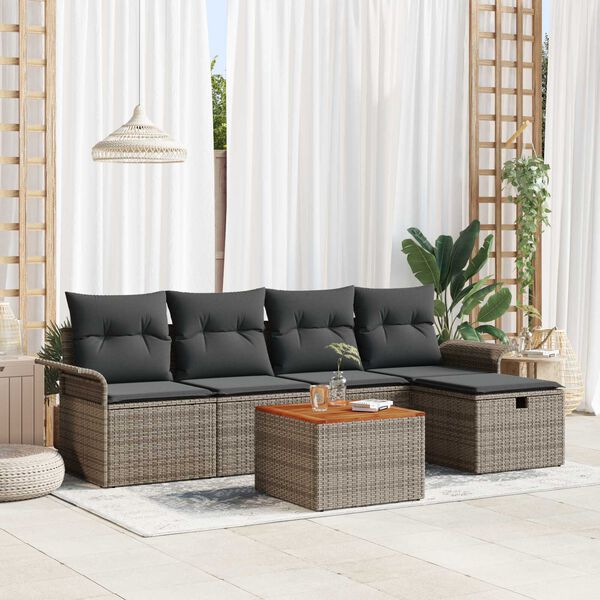 vidaXL Garten-Sofa-Set mit Kissen mit Speicher 6 pcs Grau Poly Rattan