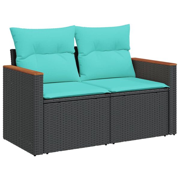 vidaXL 7-teiliges Gartensofa-Set mit Kissen, schwarzes Polyrattan