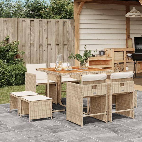 vidaXL 9-tlg. Garten-Essgruppe mit Kissen Beige Poly Rattan