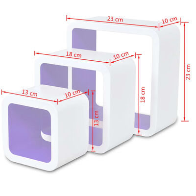 3er Set MDF Hängeregal Cube Regal Regalwürfel f. Bücher/DVD, weiß-lila