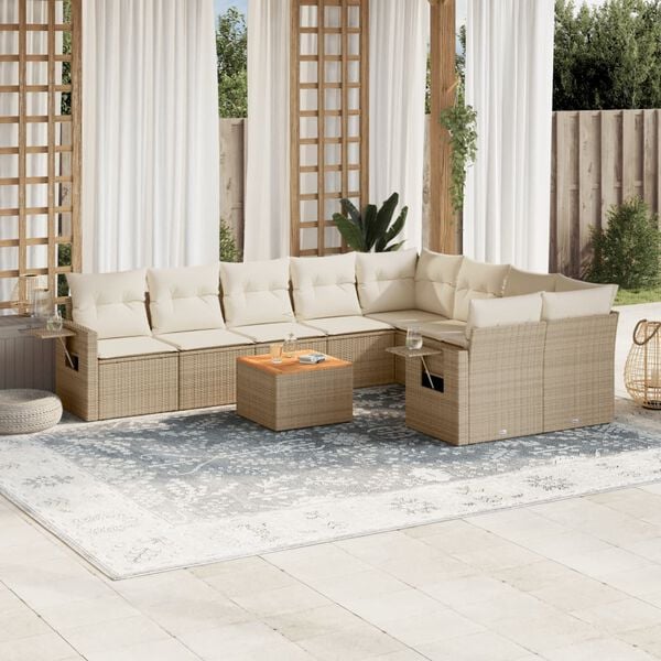 vidaXL 10-tlg. Garten-Sofagarnitur mit Kissen Beige Poly Rattan