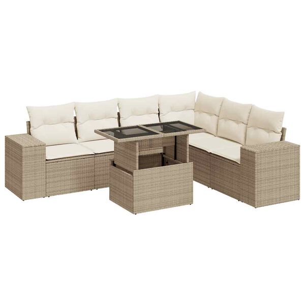 vidaXL 7-tlg. Garten-Sofagarnitur mit Kissen Beige Poly Rattan