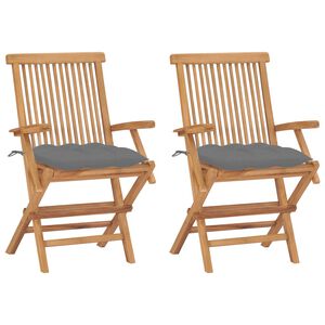 vidaXL Klappst&uuml;hle mit grauen Kissen, 2 St&uuml;ck, Massivholz Teakholz