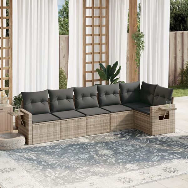 vidaXL 6-tlg. Garten-Sofagarnitur mit Kissen Hellgrau Poly Rattan