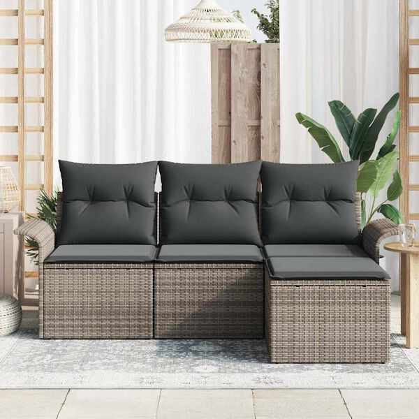 vidaXL Garten-Sofa-Set mit Kissen mit Speicher 4 pcs Grau Poly Rattan