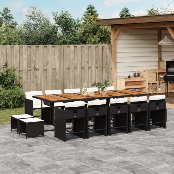 vidaXL 15-tlg. Garten-Essgruppe mit Kissen Schwarz Poly Rattan