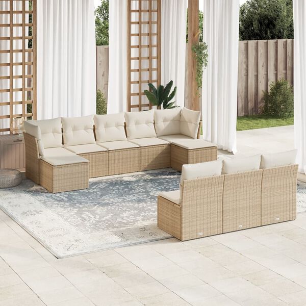 vidaXL 10-tlg. Garten-Sofagarnitur mit Kissen Beige Poly Rattan