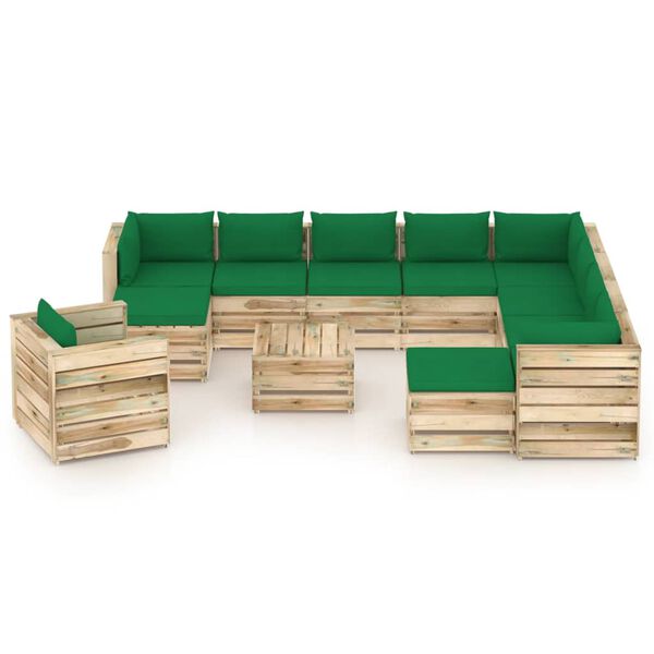 vidaXL 12-tlg. Garten-Lounge-Set mit Kissen Gr&uuml;n Impr&auml;gniertes Holz